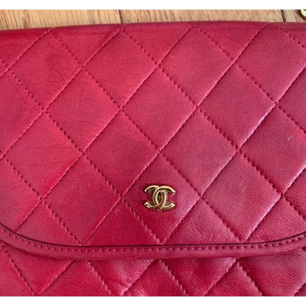 Authentic CHANEL Matelasse Mini Chain Shoulder Bag Red Leather